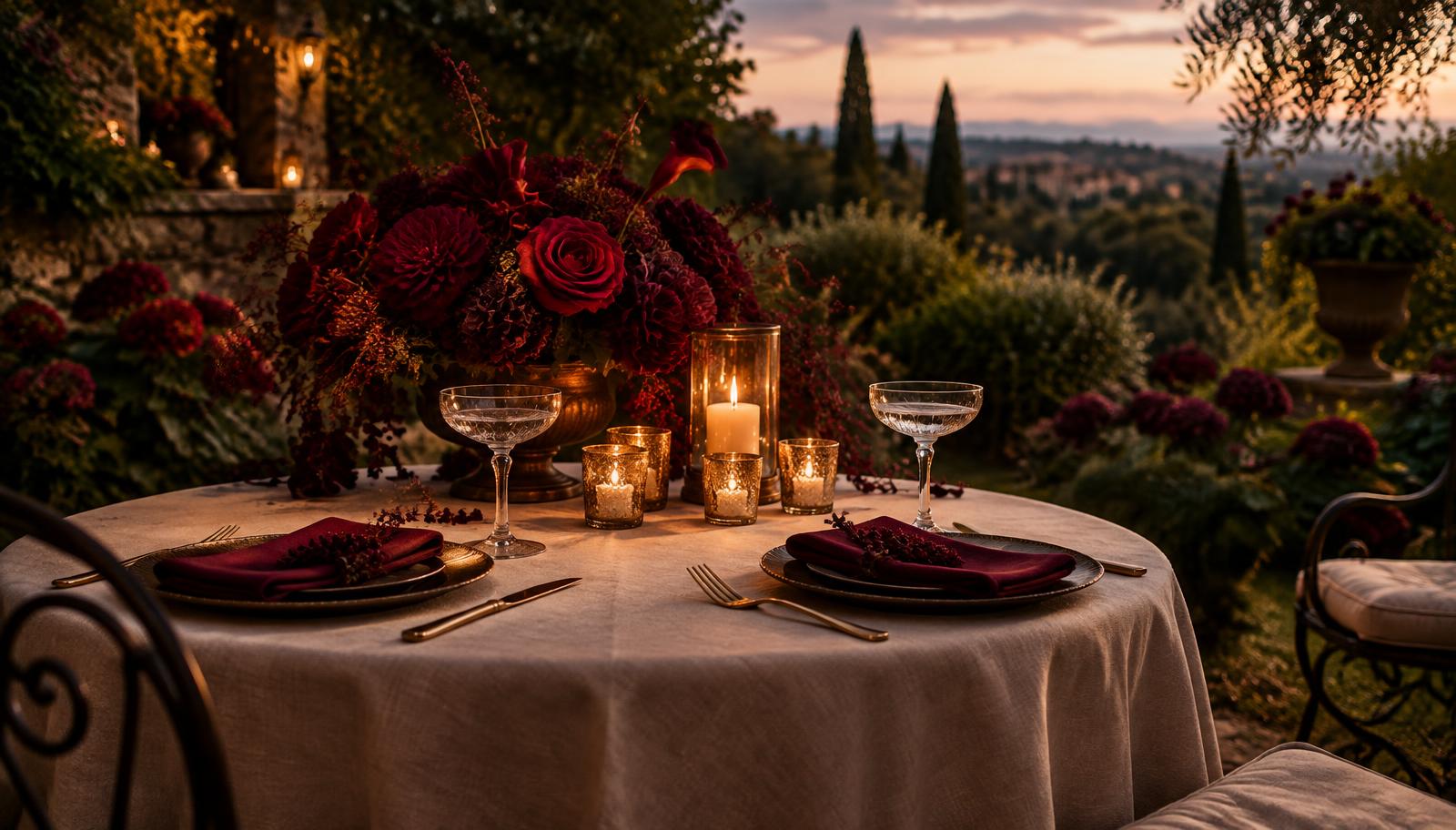 An intimate candlelit garden table