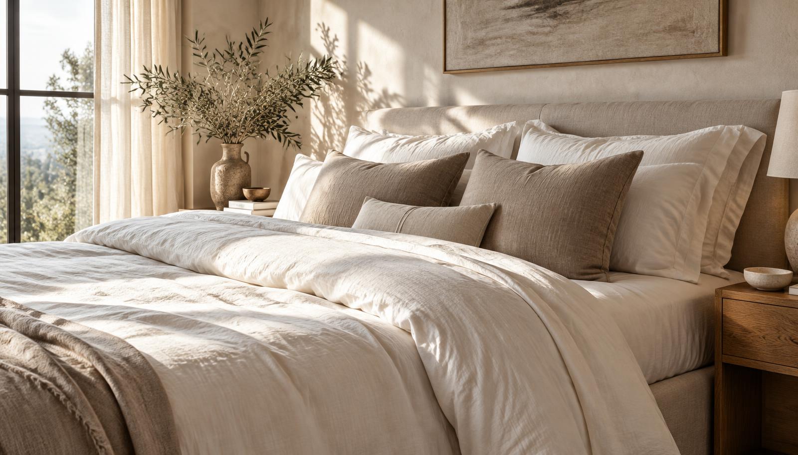 Soft illustrative bedding in morning sunlight